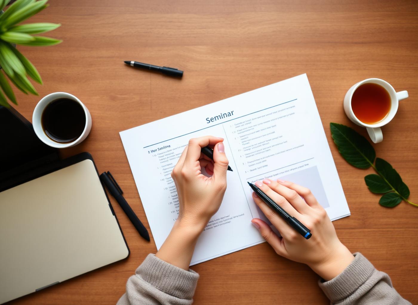Hände arbeiten gemeinsam an einem Seminar-Outline mit Notizen, Tee und Laptop — Sinnbild für unser Erstgespräch.