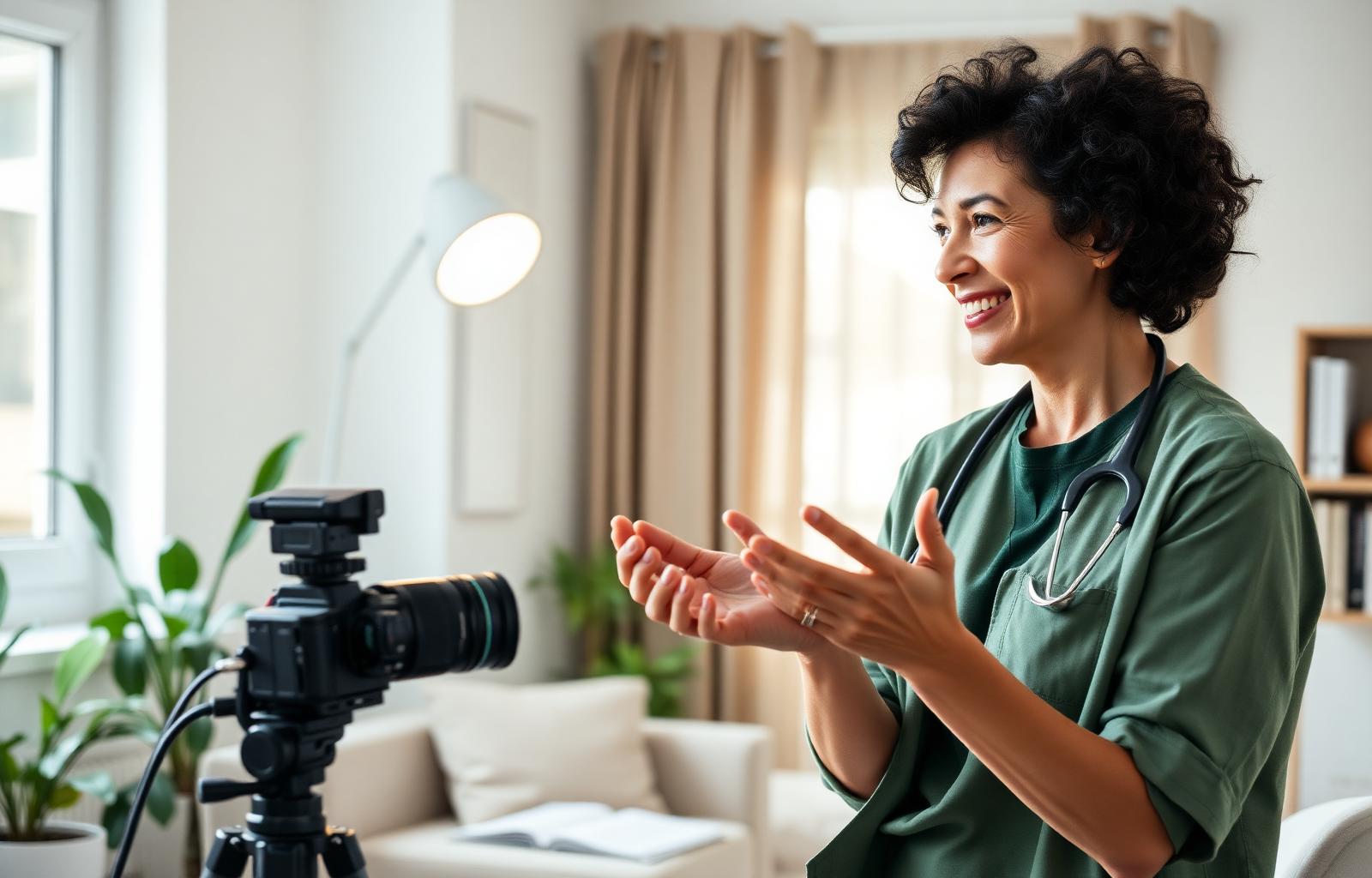 Referent:in unterrichtet vor Kamera im warmen Home-Studio — Sinnbild für eine eigene Bühne ohne Marketing-Lärm.