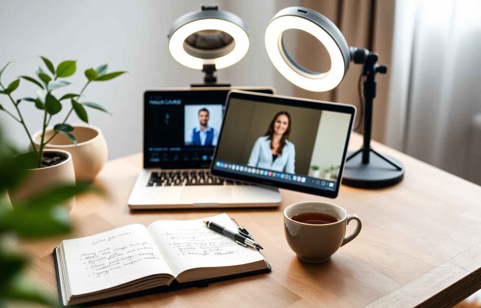 Therapeut:in nimmt am eigenen Schreibtisch einen Online-Kurs auf — Laptop, Ringlicht, Notizen, Tee.