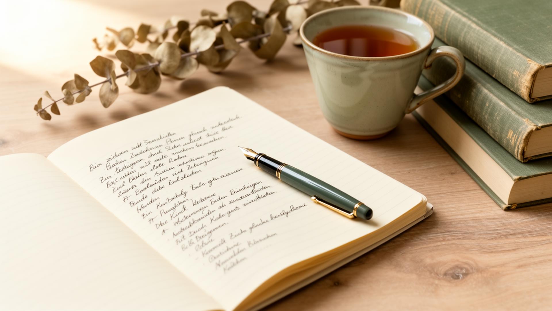 Aufgeschlagenes Buch mit Notizen, Stift und Tasse Tee auf einem hellen Holztisch