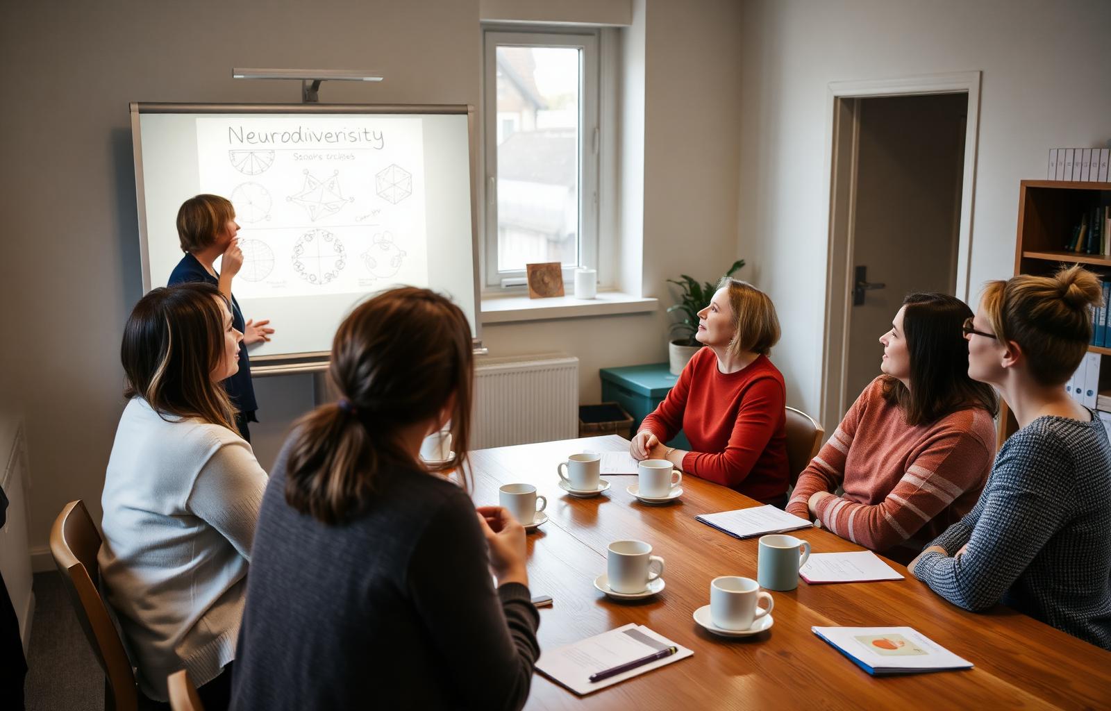 Kleines Team aus Therapeut:innen und Pädagog:innen im Inhouse-Workshop — Referentin erklärt am Flipchart, Notizen und Kaffeetassen am Holztisch.