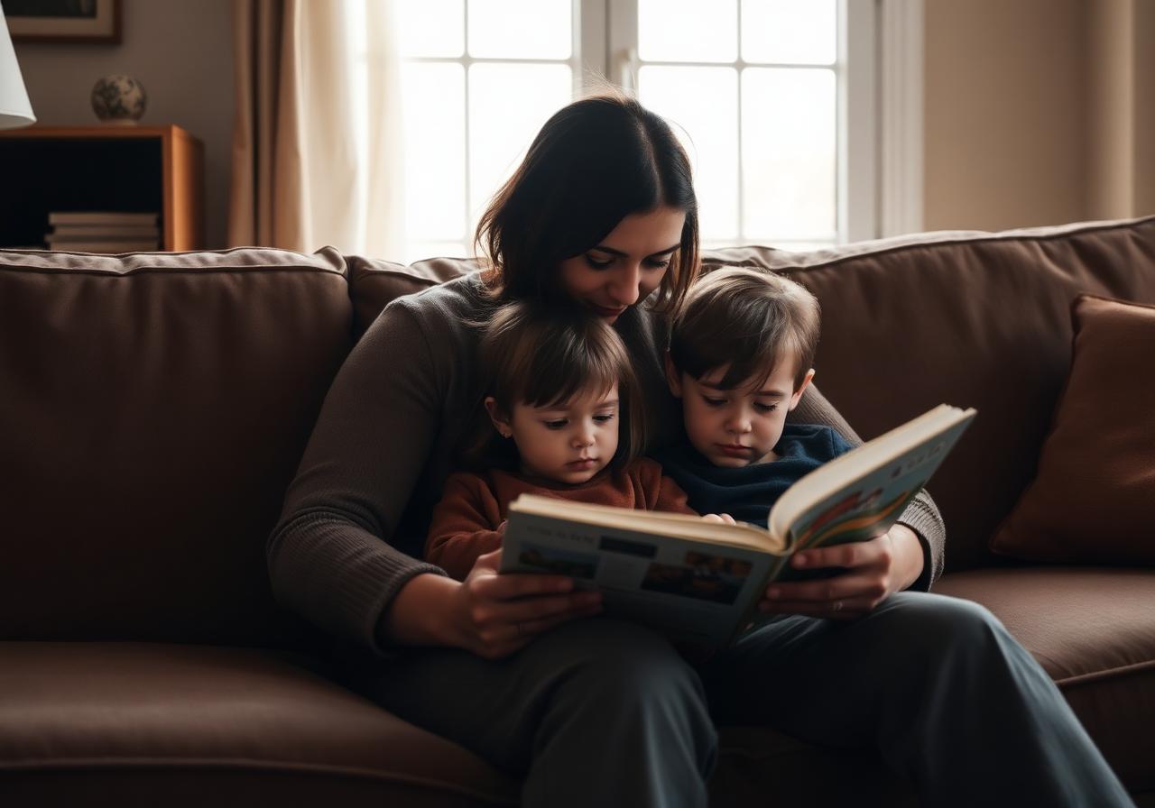 Elternteil liest mit zwei Kindern auf dem Sofa, warmes Tageslicht