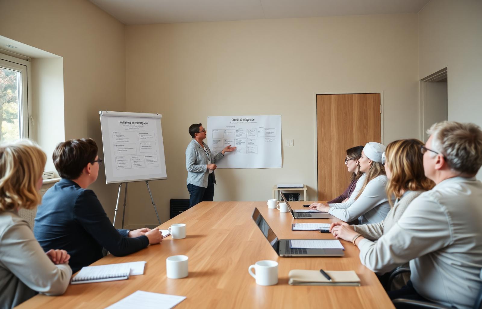 Inhouse-Schulung in einer interdisziplinären Einrichtung: Referentin erklärt am Flipchart, Team hört konzentriert zu.