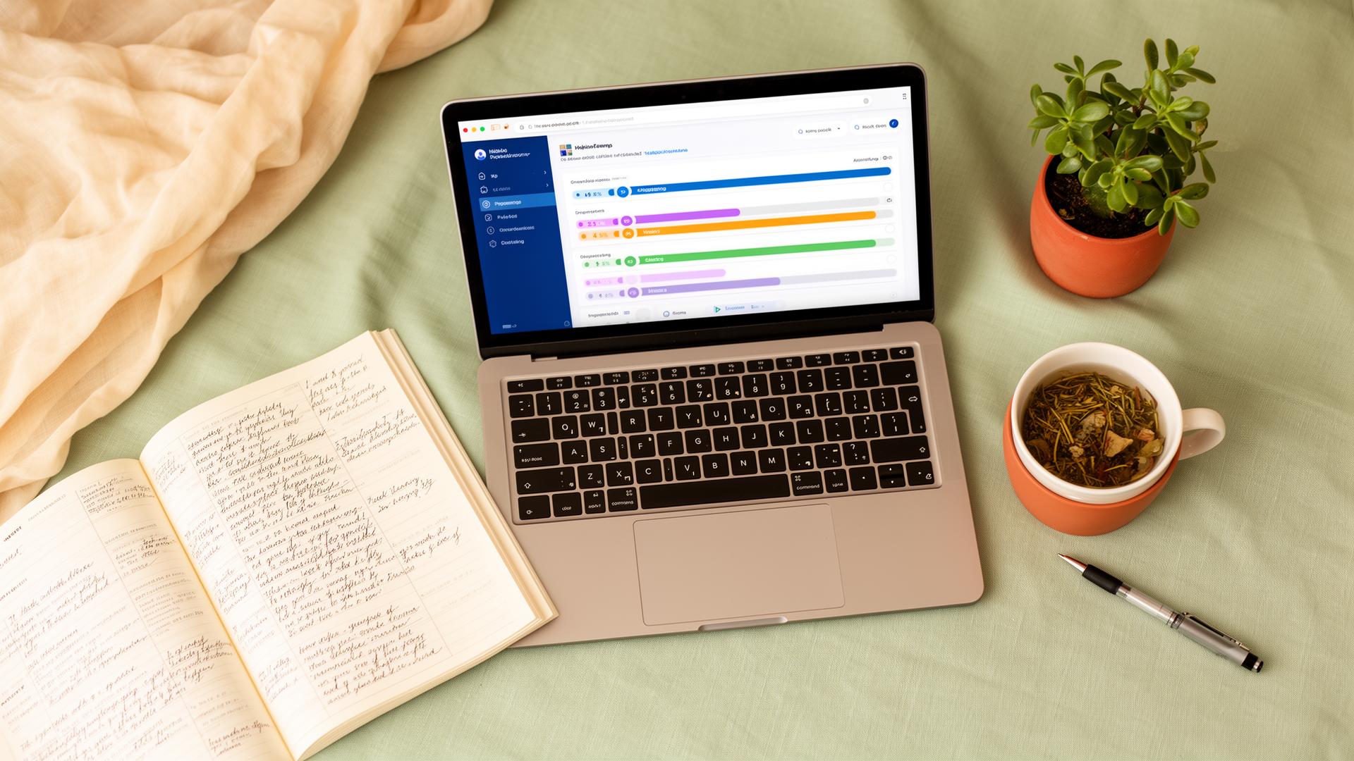 Laptop mit Online-Kurs-Dashboard, Workbook mit handschriftlichen Notizen und Tee — Sinnbild für selbstbestimmtes Online-Lernen.