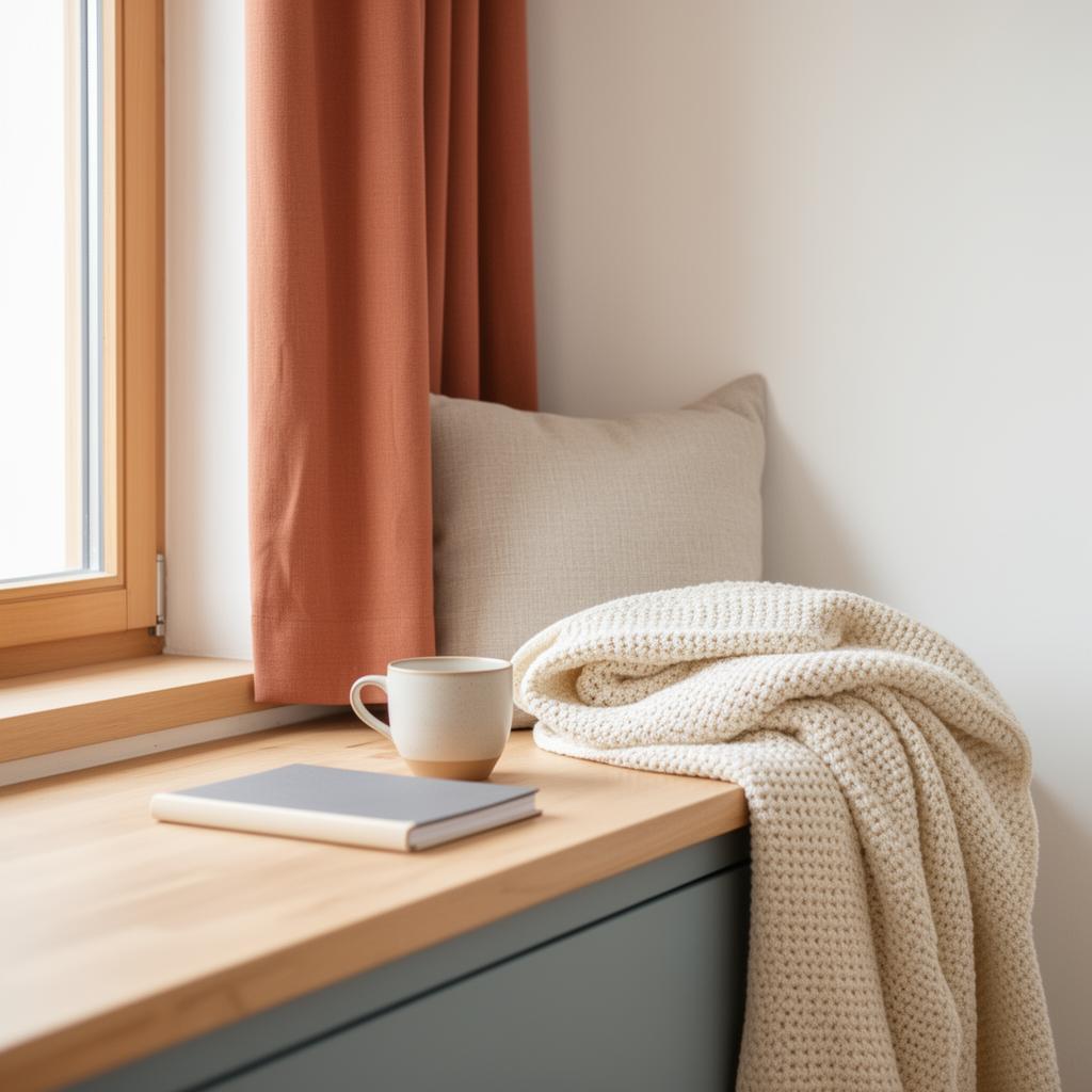 Warme Teepause am Holztisch mit Notizbuch und Blumen am Fenster