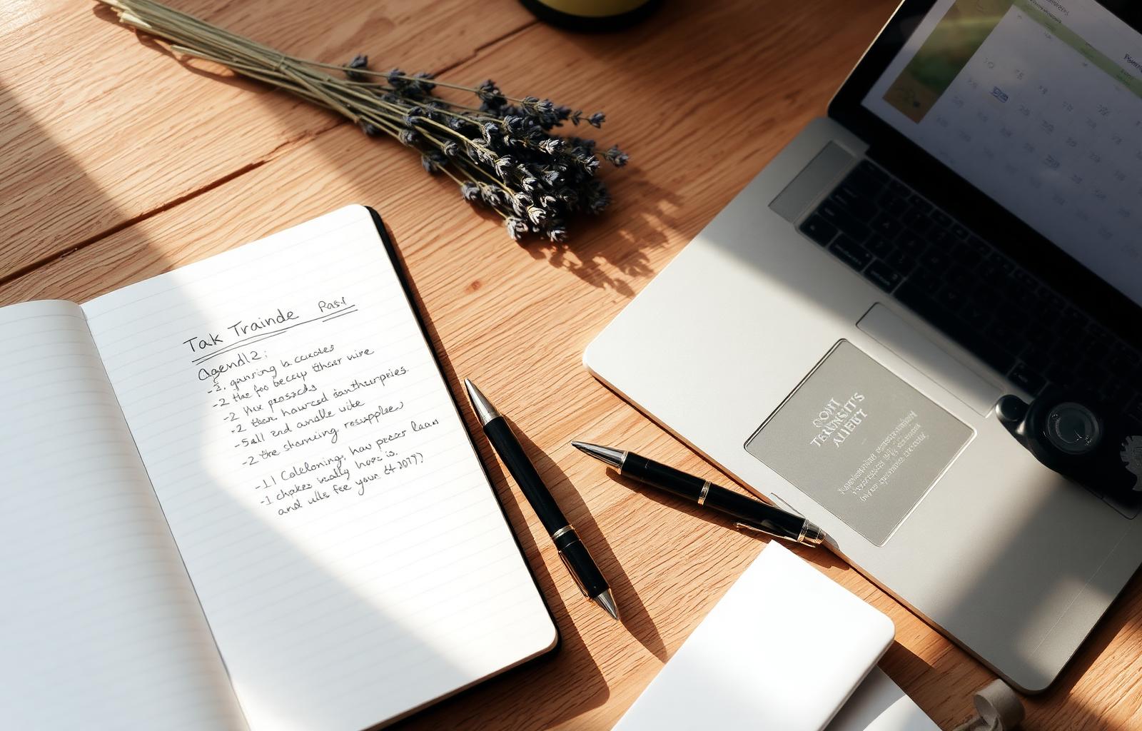 Planungsdetail: Notizbuch mit Trainings-Agenda, Stift und Laptop mit Kalender — Sinnbild für die persönliche Angebots-Erstellung.