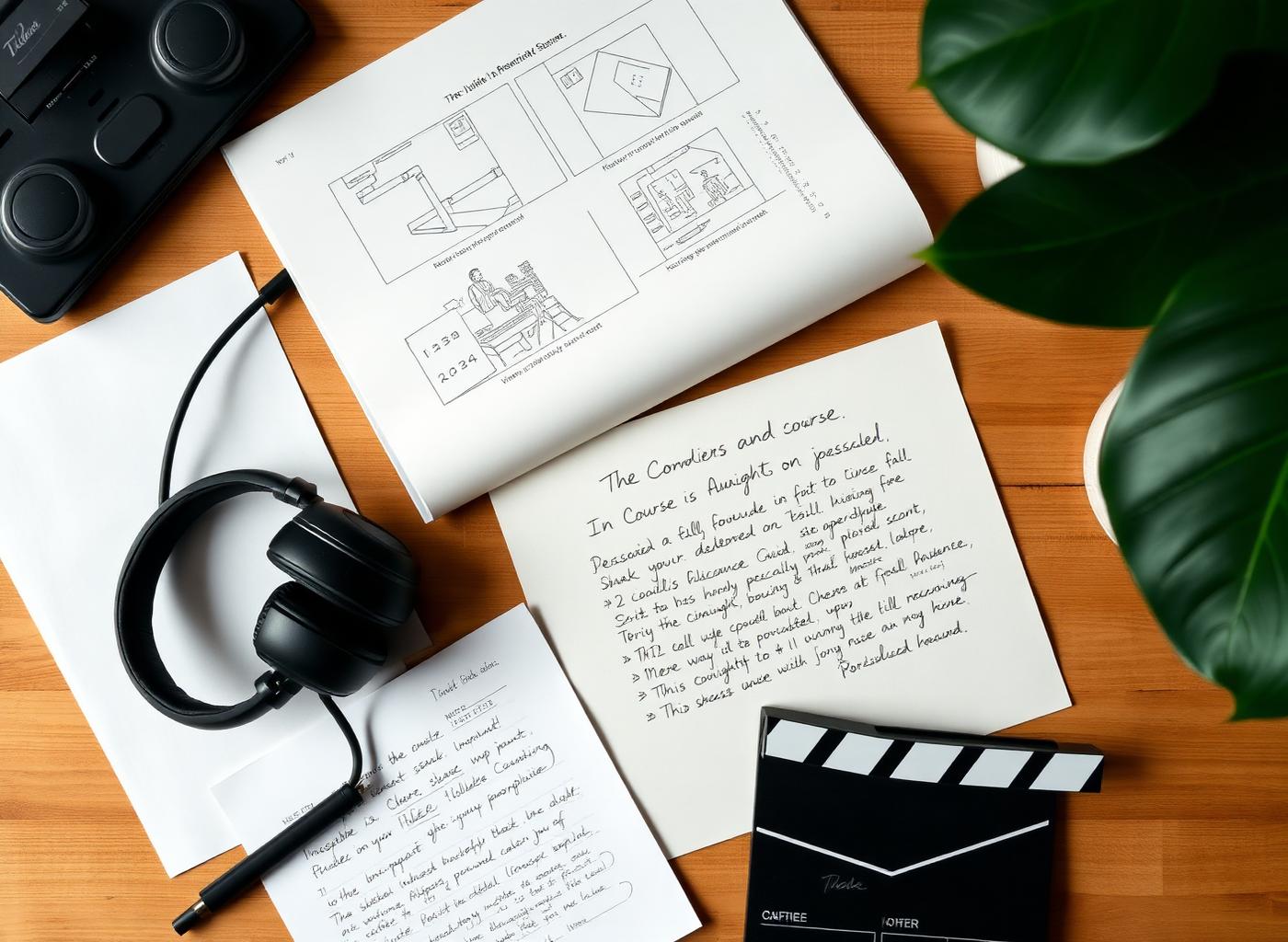 Flatlay einer Kursproduktion: Storyboard, Skript mit Notizen, Kopfhörer, Klappe — was im Hintergrund für Sie passiert.