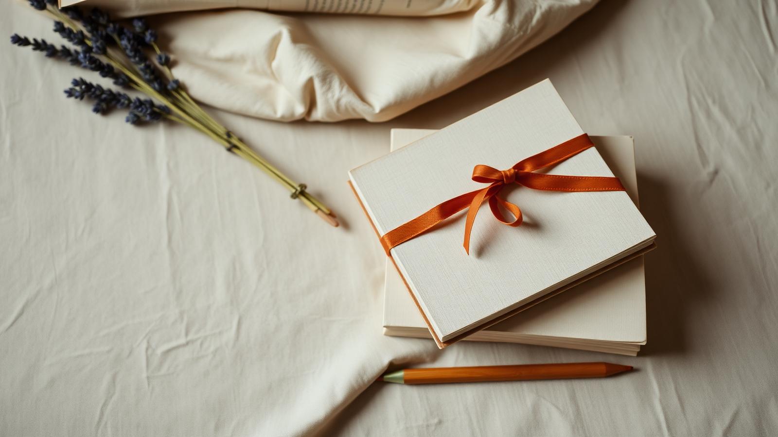 Ruhiges Stillleben: gestapelte leinengebundene Bücher mit terrakottafarbenem Band auf hellem Leinen