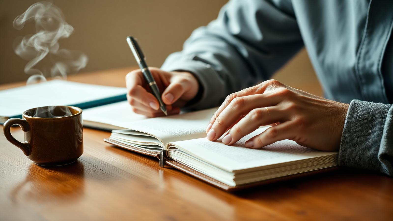 Hände, die in einem Notizbuch mitschreiben — neben einer dampfenden Tasse auf einem Holztisch