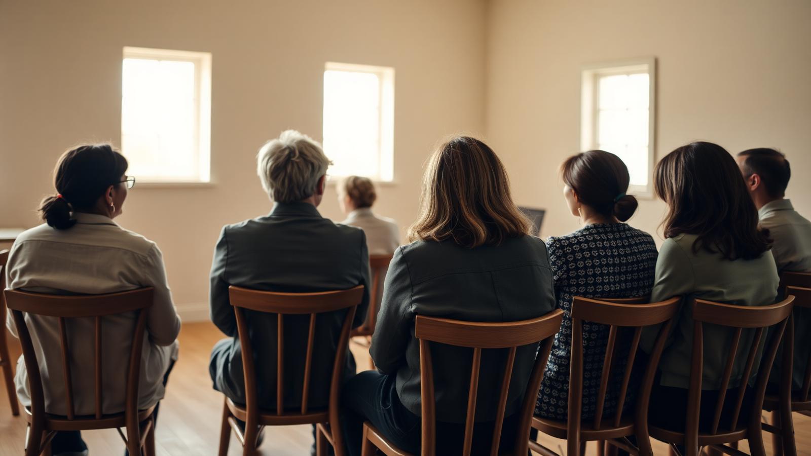 Kleine Gruppe von Fachkräften im Halbkreis in einem hellen Seminarraum, von hinten fotografiert