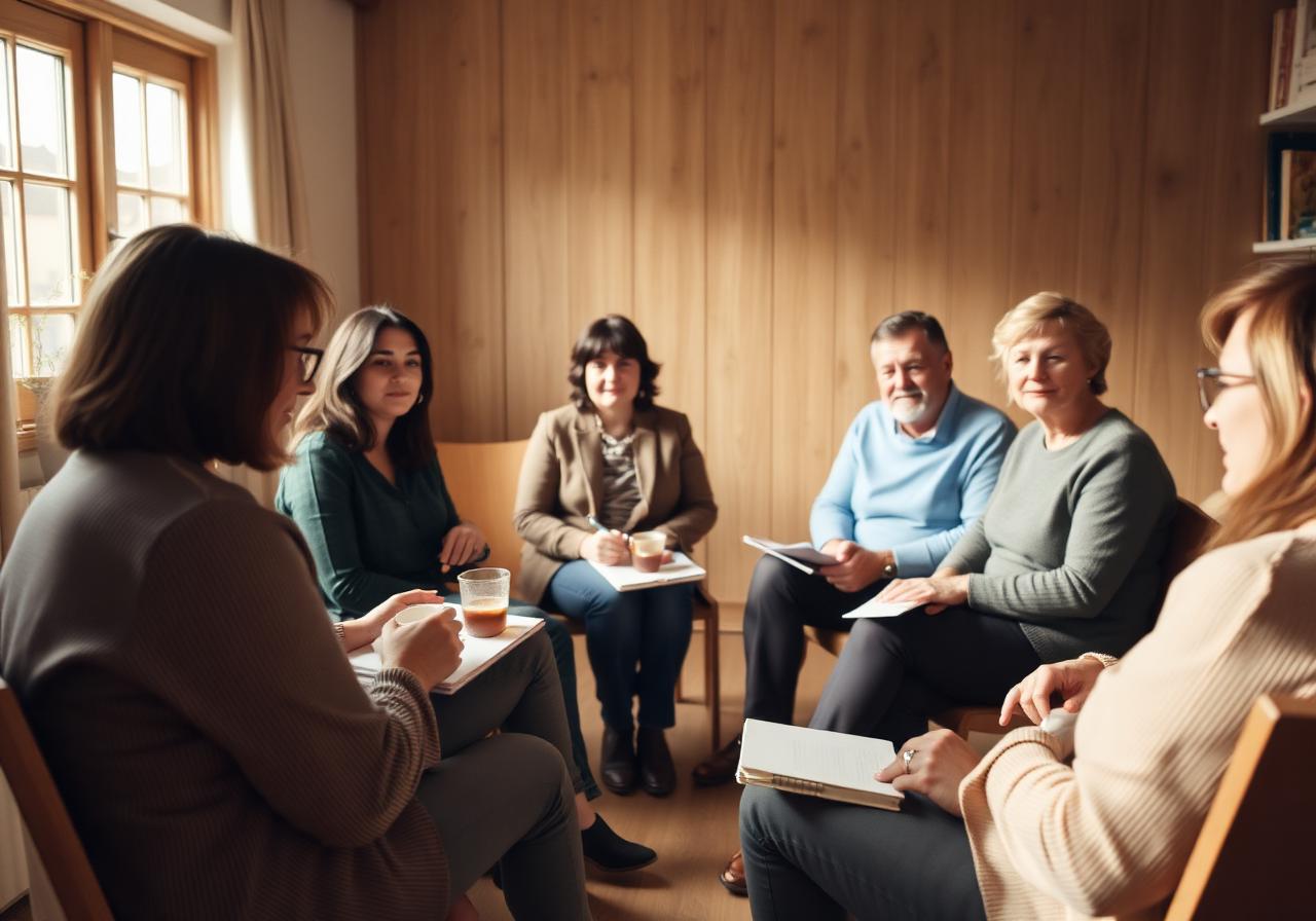 Kleine Runde Eltern in warmem Workshop-Raum mit Notizen und Tassen
